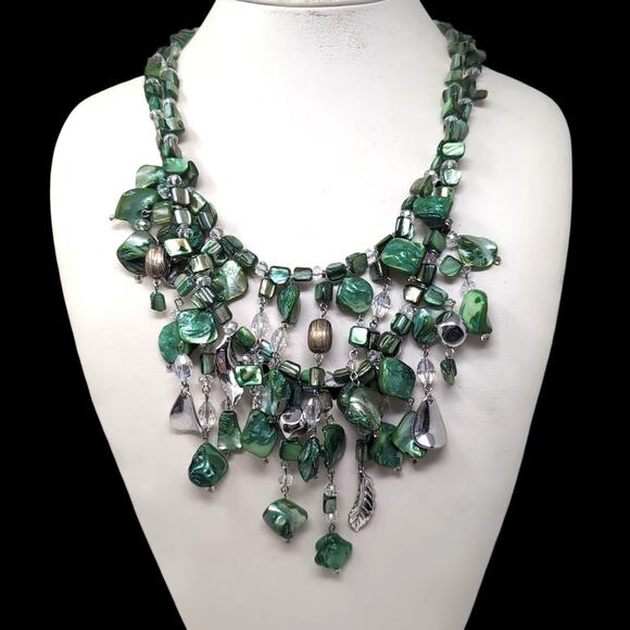 Statement Necklace Double Strand Green Glass Beads Silver Tone Metal Artsy Boho - Picture 1 of 7